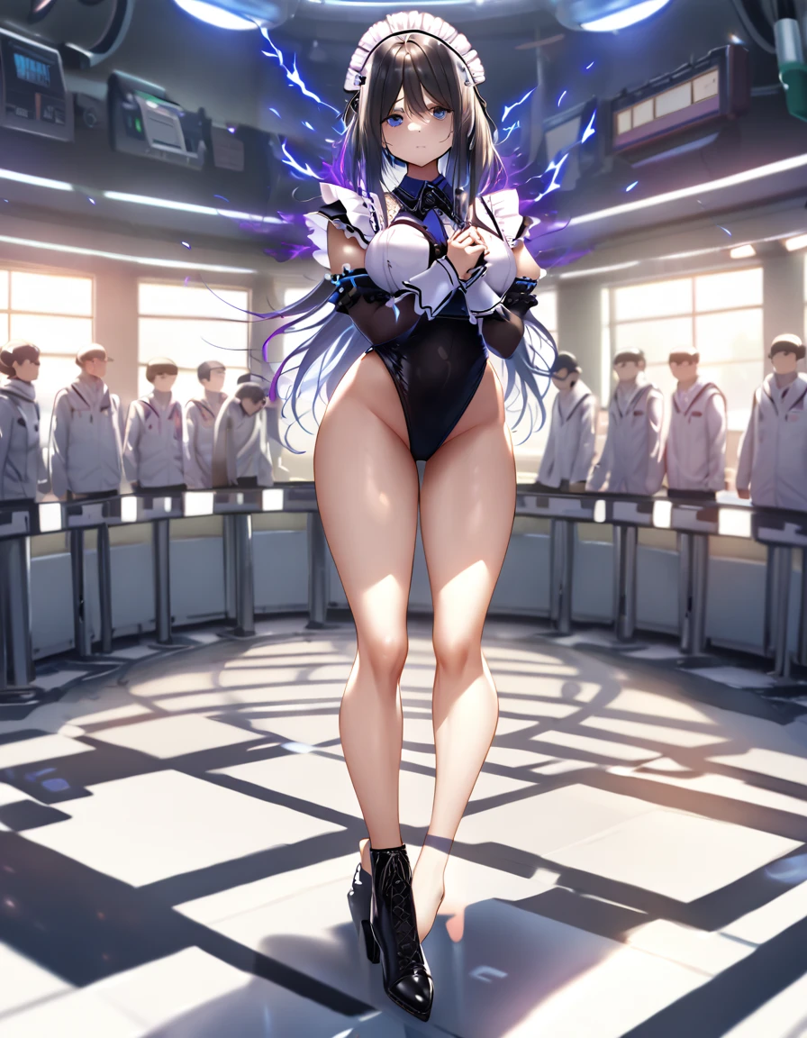 12k, masterpiece, best quality, very aesthetic, absurdres, anime artwork, anime style, key visual, vibrant, Studio Anime, highly detailed highly detailed, volumetric, dramatic lighting,(Maid leotard details:2.0),(1 girl:1.2),,Long Hair:1.5, (Short sleeve, Thighs,Maid Cufflinks),,(High heel lace-up boots:1.4), (Without skirt:3.0),dark aura,leotrad,,Audience Recruitment,(at a research facility:1.2),(full body:1.4),looking at viewer, standing,(Emotionless)