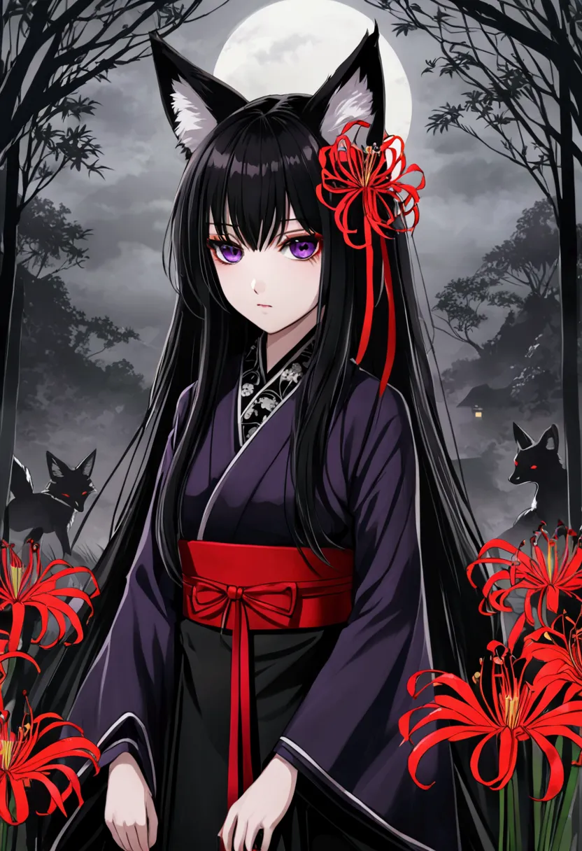 girl, cold indifferent gaze, red ribbon in her hair, long black hair, purple devilish eyes, japanese gothic outfit, kitsune, fox...