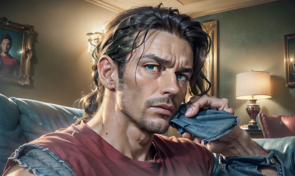 "((highly detailed, detailed eyes, detailed face, clear and realistic facial features, photorealistic, realistic light; cinematic)), (1 man), ((((classy living room background)))), (((sophisticated gorgeous refined middle-aged male artist))), ((((intense fascinated expression)))), ((mystical air)), (((green eyes))), ((wavy brunette hair in ponytail)), (((dressed in a red shirt and denim shorts)))."