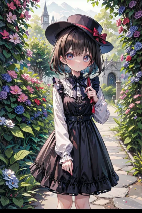 ネオゴススタイルのgirl, wearing a black dress and a white collar, wearing a black hat、wearing heavy makeup, standing in a mystical garden...