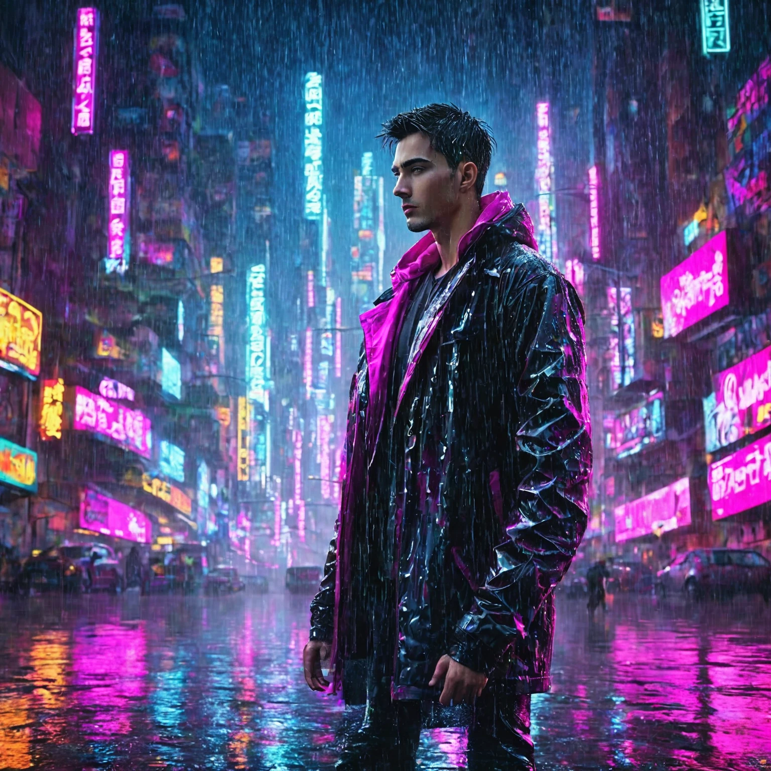 (Masterpiece, Best Quality, high resolution, fondo de pantalla de unidad 32k, Extremely detailed CG:1), (weak illustration on stage:1.0), ((1 young handsome man:1.55 by cyberpunk:1.5 )),(( cyberpunk night city:1.4)), neon signs futuristic cars,dark place rain, ((wet clothes magenta neon lights illuminating the young man perfectly:1.45) . 32k