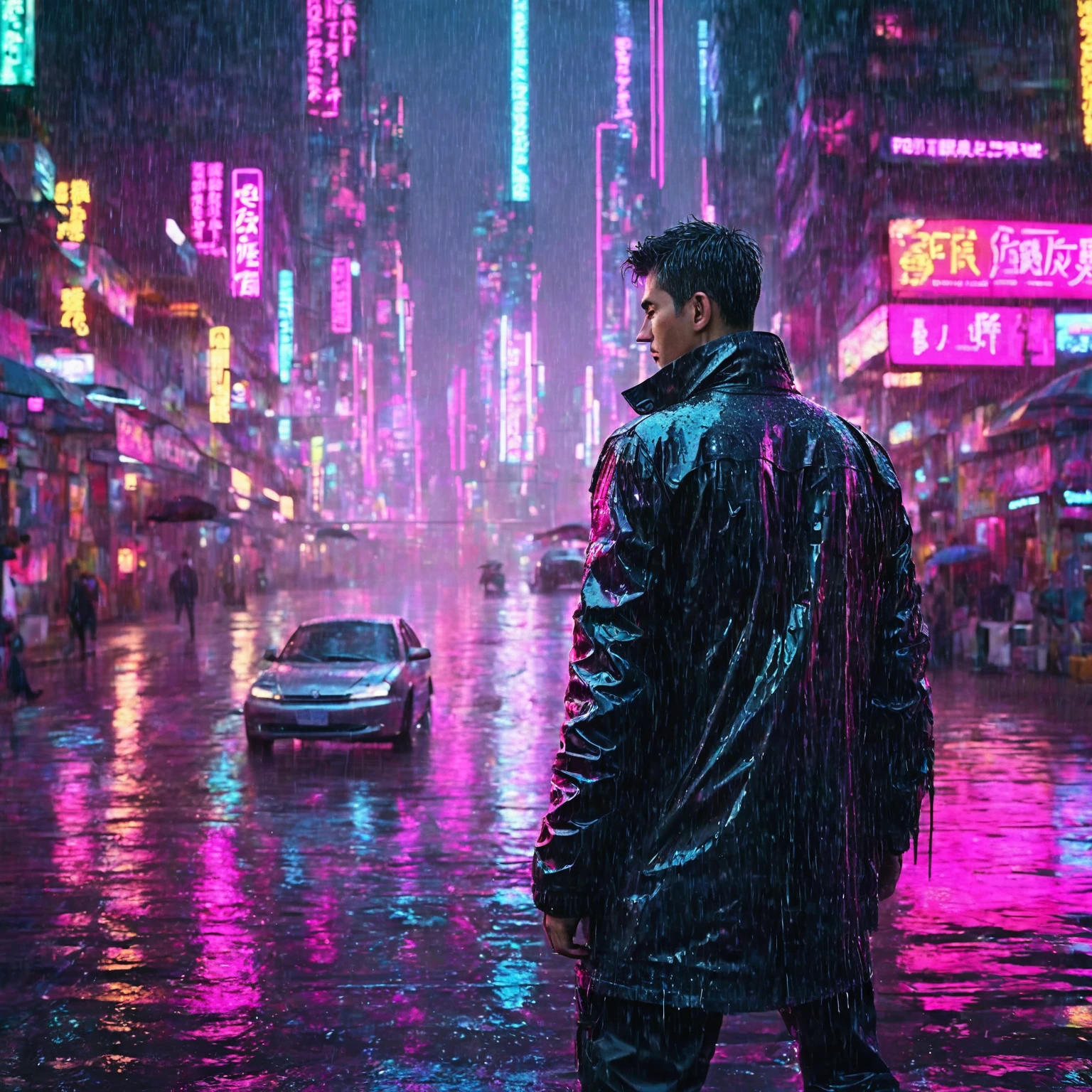 (Masterpiece, Best Quality, high resolution, fondo de pantalla de unidad 32k, Extremely detailed CG:1), (weak illustration on stage:1.0), ((1 young handsome man:1.55 by cyberpunk:1.5 )),(( cyberpunk night city:1.4)), neon signs futuristic cars,dark place rain, ((wet clothes magenta neon lights illuminating the young man perfectly:1.45) . 32k