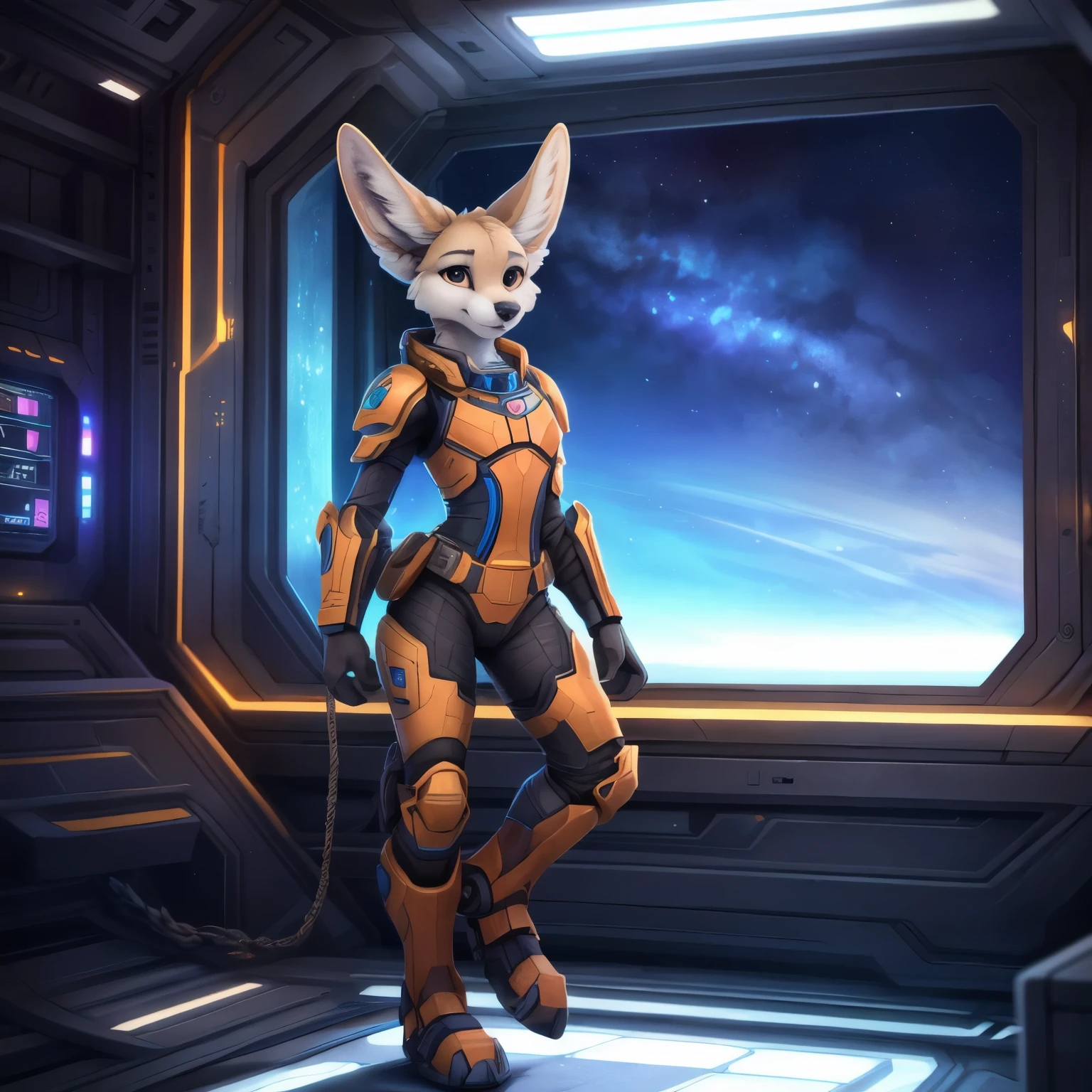 anthro, canine, female, (fennec) solo, anthro, wearing 40k space marine armor, space marine, posing for picture, detailed background, spacecraft, ((by yakovlev-vad, by zackary911, by lf)), (uploaded on e621, full-length portrait, masterpiece, best quality, high quality, 2k, 4k, hires, digital media \(artwork\))  