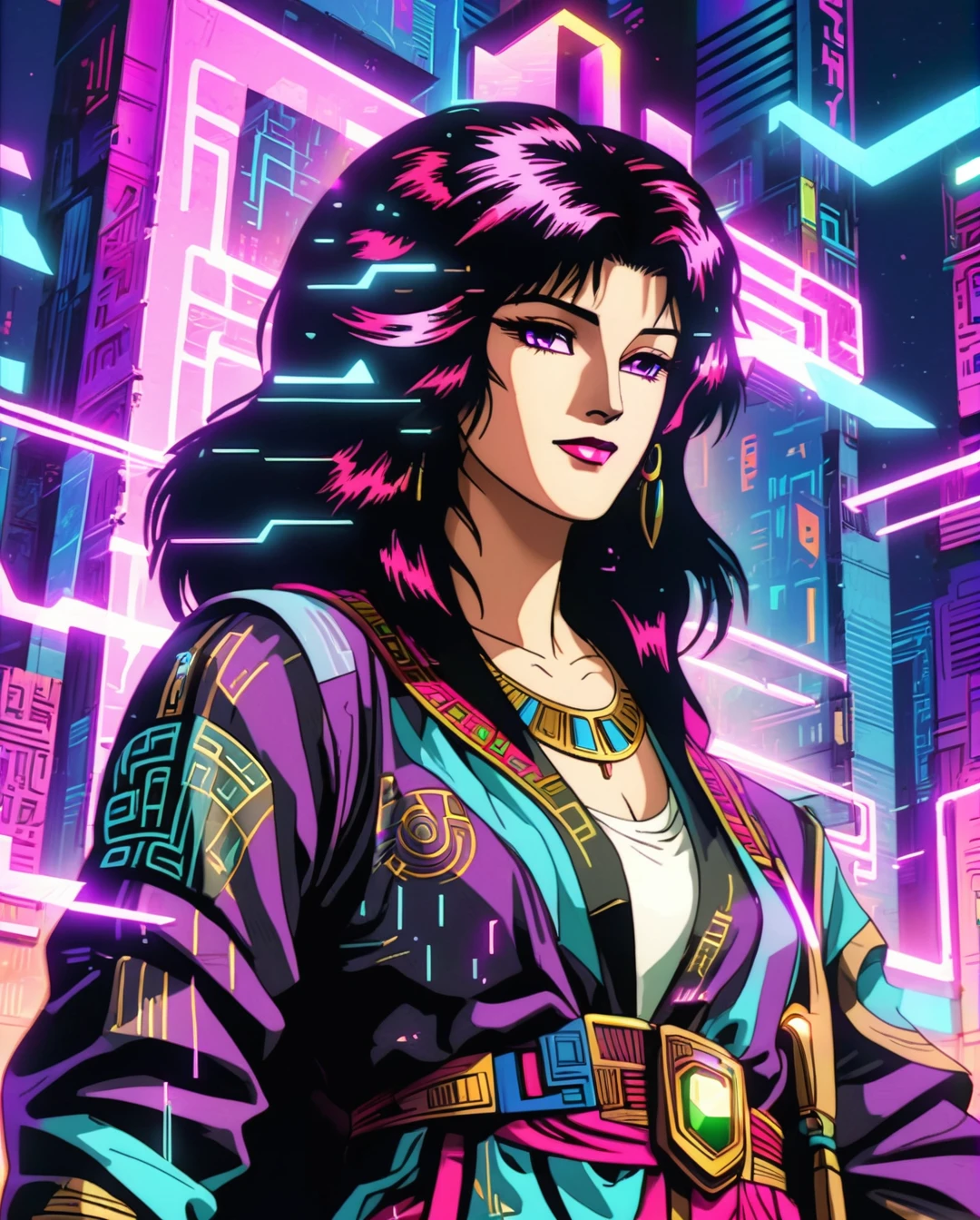 In a dystopian cyberpunk cityscape, an Egyptian woman wearing traditional attire is transformed with glitchy vaporwave elements. This visually captivating image merges ancient culture with futuristic tech, showcasing neon hieroglyphics, holographic jewelry, and flowing garments that shimmer with digital effects. The scene is bathed in vibrant colors and intricate patterns, blending the old with the new in a mesmerizing fusion of heritage and technology. The artwork, whether a digital painting or photograph, immerses viewers in a high-quality, immersive experience that celebrates the clash of tradition and innovation.