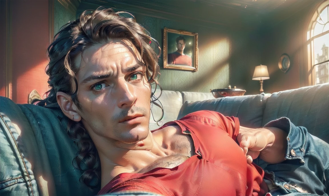 "((highly detailed, detailed eyes, detailed face, clear and realistic facial features, photorealistic, realistic light; cinematic)), ((((1 man)))), ((((classy living room background)))), (((sophisticated gorgeous refined middle-aged male artist))), ((((intense fascinated expression)))), ((mystical air)), (((green eyes))), ((wavy shoulder-length brunette hair tied half up)), (((dressed in a red shirt and denim shorts)))."