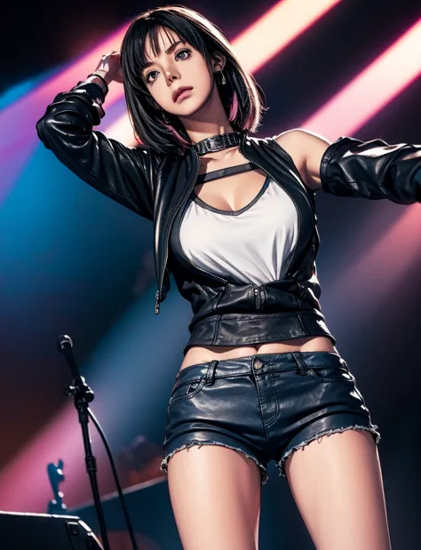 Realistic:1.2, Rocker girl in leather jacket,Slim figure、Normal bust size、 highly Realistic photograph,  Full Body Shot, １2 elec...