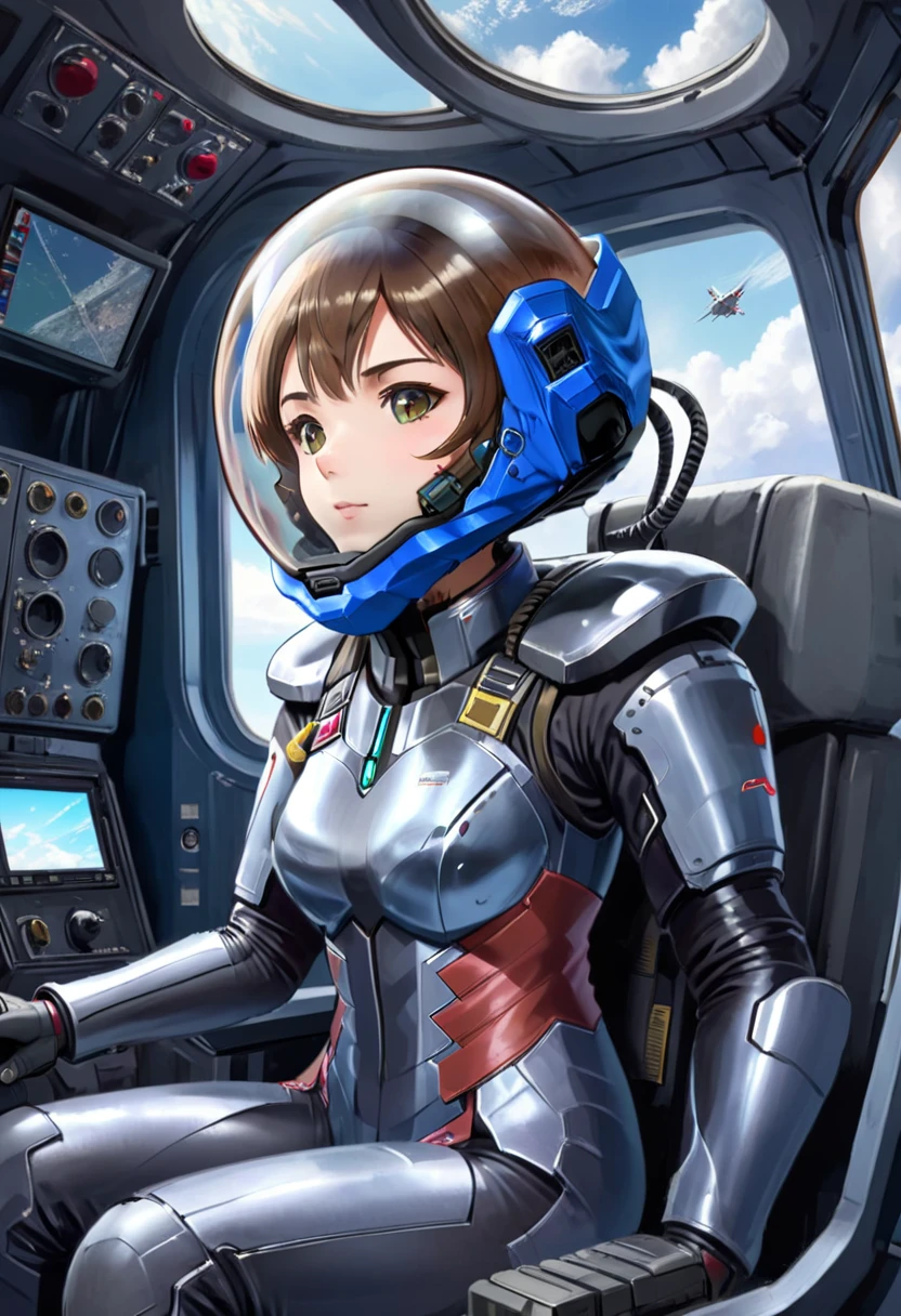 ((Female pilot in the cockpit of a reconnaissance plane), (airplane cockpit), (in flight), (10000 feet altitude)、(sky view):1.7),, short hair, eyeliner, apocalypse, girl, nside the (cockpit:1.9) of a (futuristic spaceship:1.6), , blush,sitting on a chair, covered navel, space helmet, muvluv, space helm, plug suit , space helmet, eva helm, space suit, short hair, 
FROM SIDE, (mask:1.7)