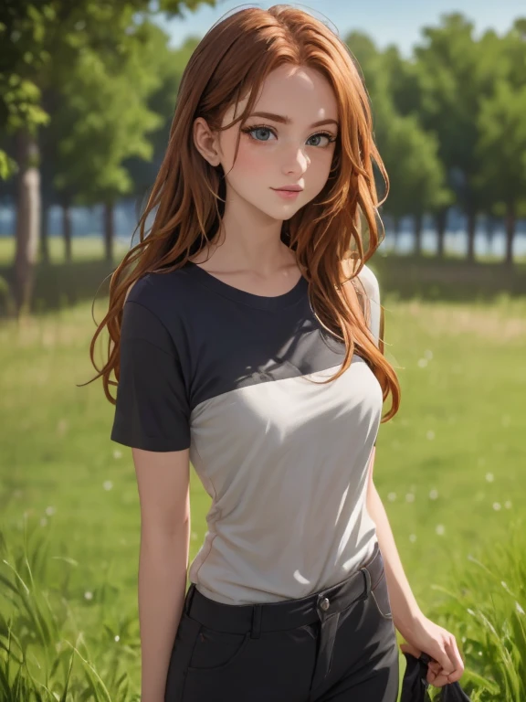 (masterpiece、top quality、top quality、official art、Nice and beautiful:1.2)、(one cute 18 year old girl:1.3), beautiful proportional , long straight red hair, beautiful realistic greenish-brown eyes large and expressive, gentle kind look.., (Best quality, masterpiece),  upper body, She has a beautiful nose and lips. Slim model graceful physique,  She is wearing strict straight black trousers and a T-shirt, stylish, thoughtful look, she seems domineering and cold, really very kind and caring, she seems dangerous and aggressive, radiates inaccessibility, wants to seem strong, but in fact she is a hidden masochist and wants to be a victim and a slave. Strict closed pose, Against the background of a birch grove, high quality textures of realistic human skin, Beautiful realistic face, proportionate slim physique, 