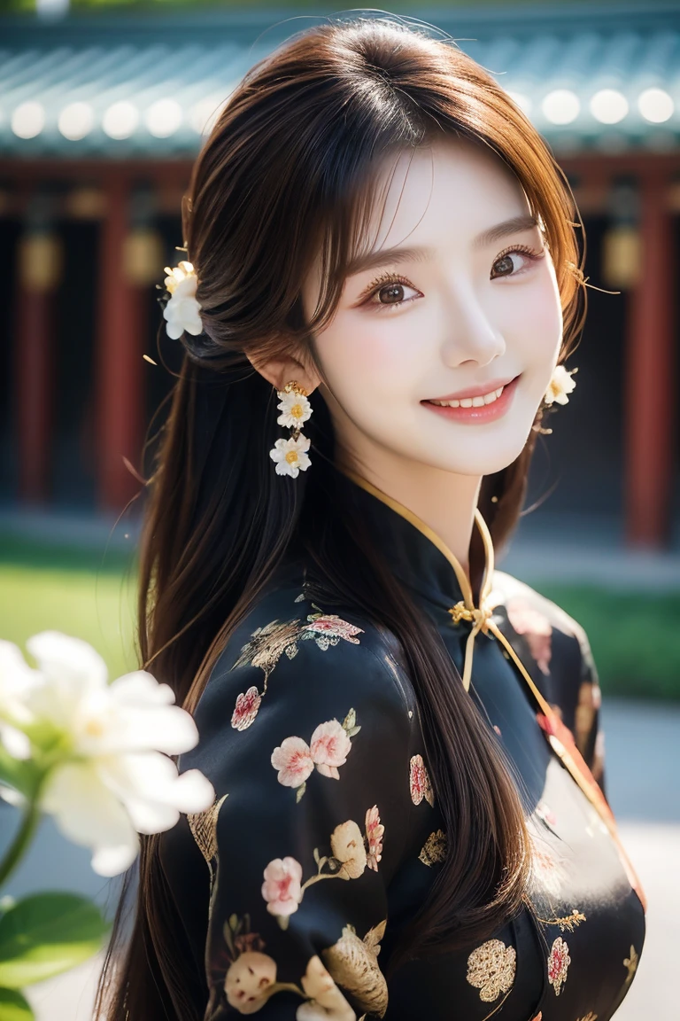 1 Girl,Brown_Eye,Brown_hair,,Black cheongsam,earrings,temple_background,Lips,long_hair,Watching_exist_Viewer,Smile,Solitary,teeth,White_flower,