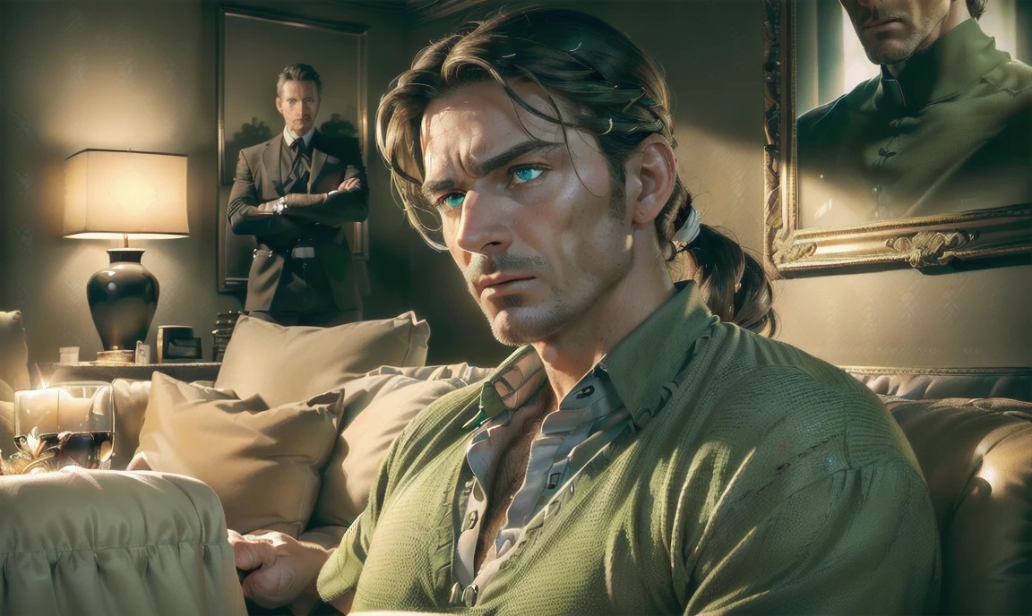 "((highly detailed, detailed eyes, detailed face, clear and realistic facial features, photorealistic, realistic light; cinematic)), ((((1 man)))), ((((classy living room background)))), (((sophisticated gorgeous refined middle-aged male artist))), ((((intense fascinated expression)))), ((mystical air)), (((green eyes))), (brunette hair tied half-up), (((dressed in a shirt and shorts)))."