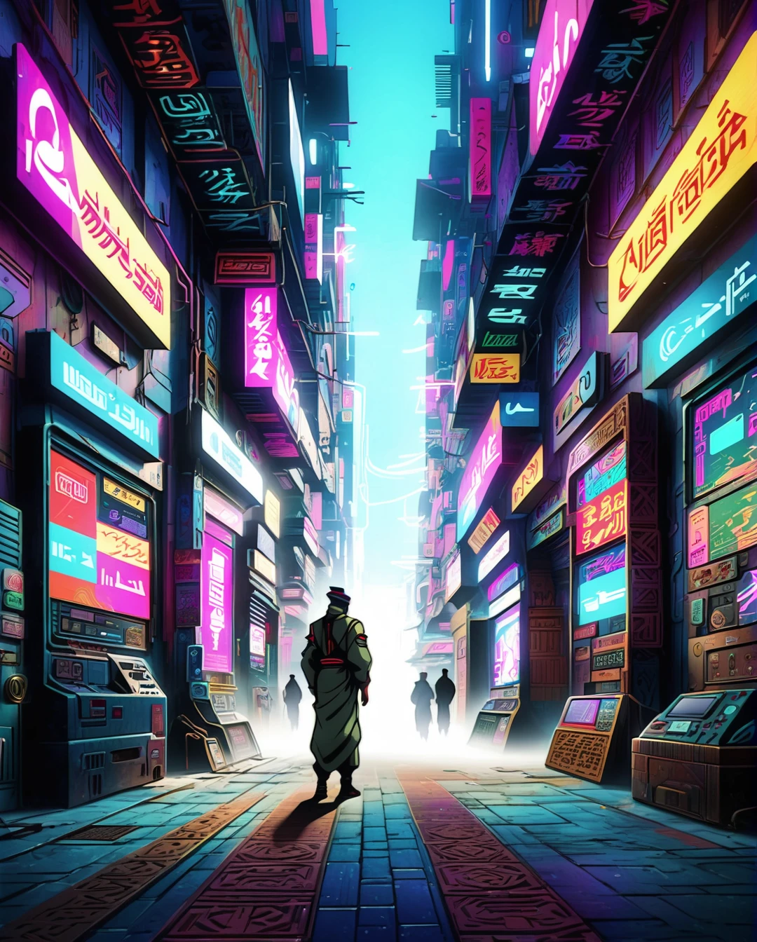 In a high-tech cyberpunk bazaar, a Moroccan man dressed in traditional djellaba is juxtaposed with vaporwave and glitch art aesthetics. The scene captures the bustling market with neon signs, digital wares, and holographic patterns that infuse the traditional with the futuristic. The artwork, rendered in vibrant colors and intricate details, immerses viewers in a world where cultural heritage meets technological innovation, offering a high-quality, visually engaging experience.