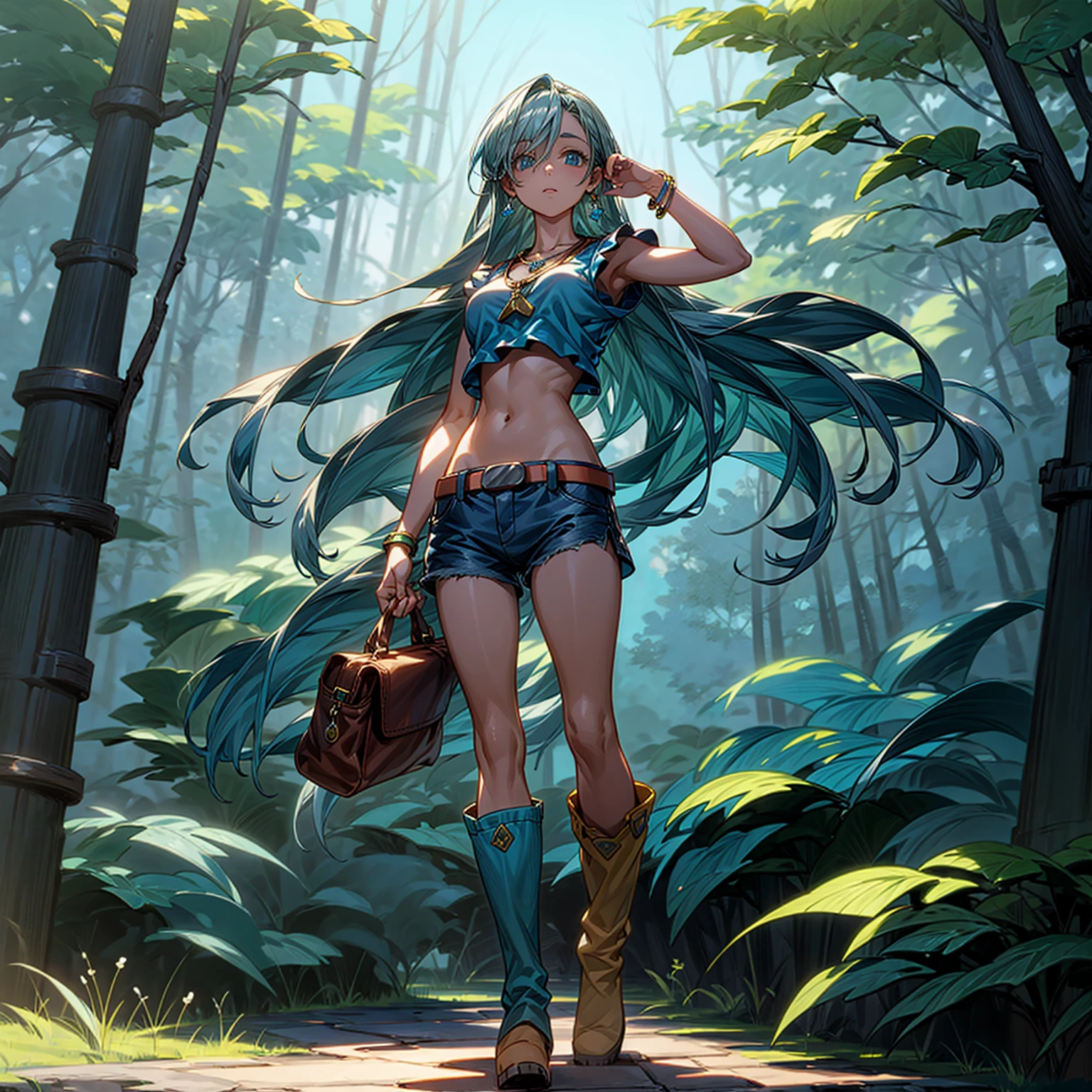 Solo character, full body version, girl, blue long hair, yellow crop top, Short jeans, belt, bracelet, necklace, bag in back, boots, sky blue, forest, standing gesture, Diamond earrings 