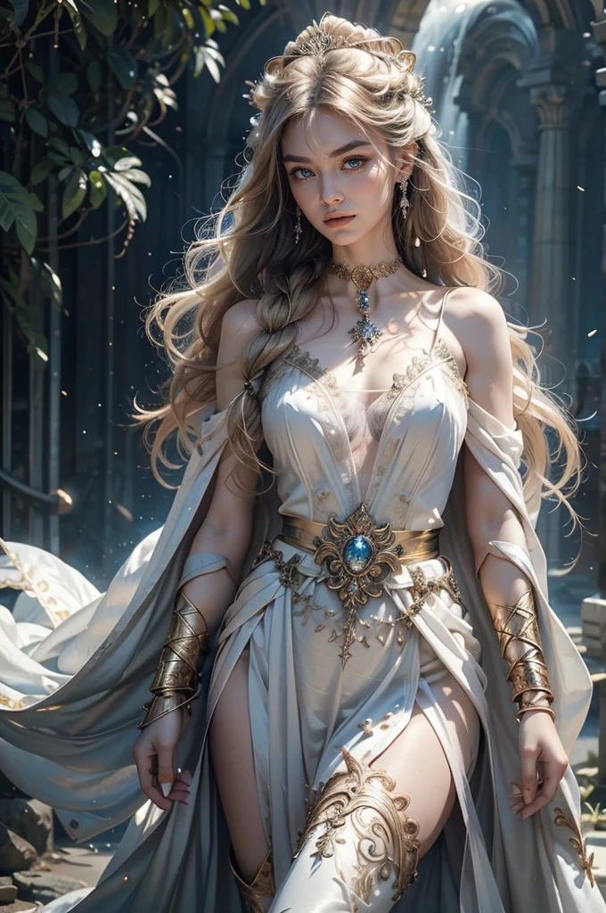 Brooke Shields, 29-years-old, as a mythological diva, in a long dress ( No Straps ), See-through fabric, thighs exposed, long white dress with gold details and long fringes, gold armbands, long gold bracelets, gold choker necklace, tiara dourada, large hoop earrings, golden belt, majestic pose, blonde hair with braids, athletic curvy body, clear eyes, look-at-camera, facial expression of tenderness, Romanticism, dark cave with piercing rays, stones, waterfall,(()) ((magnificent, majestic, beautiful celestial goddess of light)) ((floating above ground)) ((pale skin)) ((Big blue eyes)), ((dark eyeshadows make up)) ((bright red lips)), (()) ((long wavy platinum blonde hair, hair floating around)) ((big breast,1.7)) ((slender body)) ((wear armor chestplate:1.5, tiny thong bottom)) ((white cape)) ((armor shoulder pads, gauntlets long boots)) ((halo of gold and light above head)) ((hold a sword on her hand)) ((glowing magic sparks particles floating around)) ((battlefield background)), ((high definition:1.5), ((amazing lights and shadows)) ((masterpiece:1.5))((8k:1.5)) ((Best quality:1.4)), more_details:-1, more_details:0, more_details:0.5, more_details:1, more_details:1.5, more prism, vibrant color,
