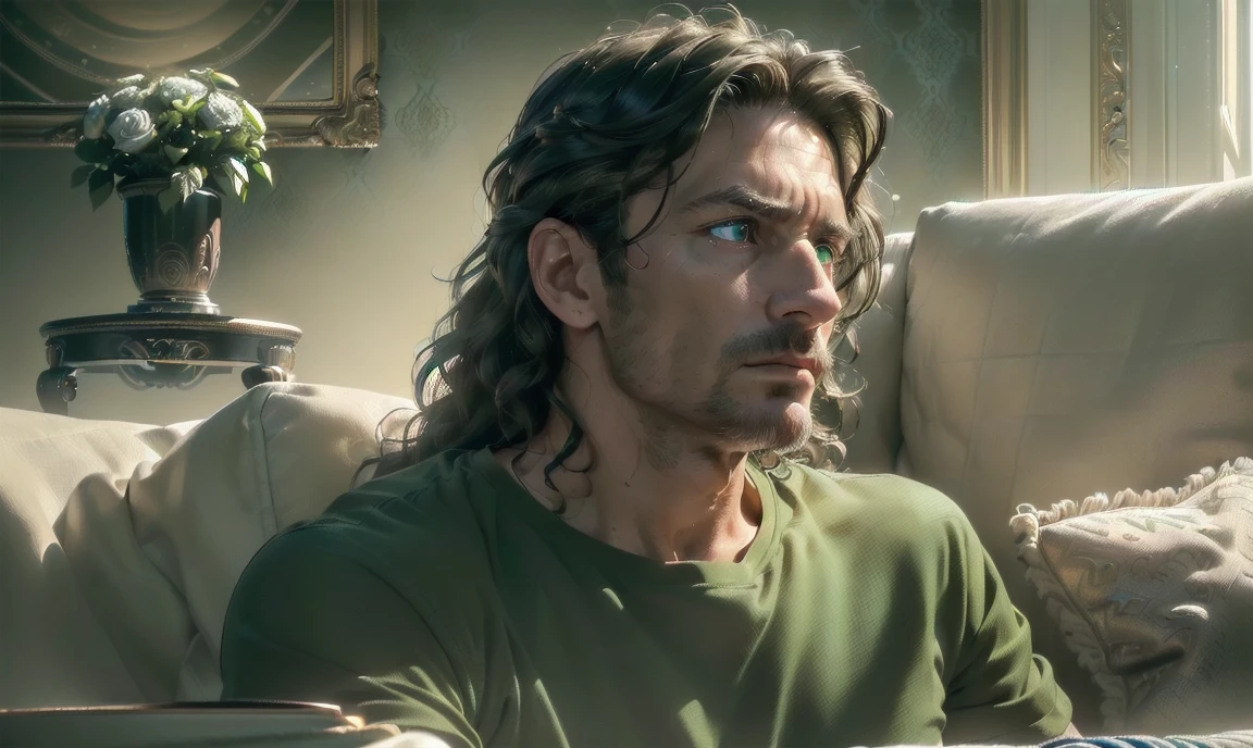 "((highly detailed, detailed eyes, detailed face, clear and realistic facial features, photorealistic, realistic light; cinematic)), (1 man), ((((classy living room background)))), (((sophisticated gorgeous beautiful refined middle-aged male artist))), ((((intense fascinated expression)))), ((mystical air)), (((green eyes))), (wavy shoulder-length brunette hair), (((dressed in a shirt and shorts)))."