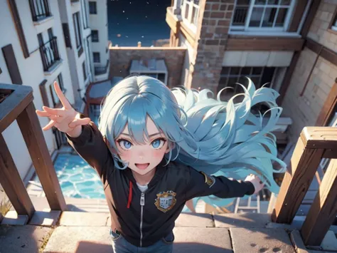 only one people, high school young man, , light blue hair, silver eyes, black eyebrows, school rooftop, arms outstretched, look ...