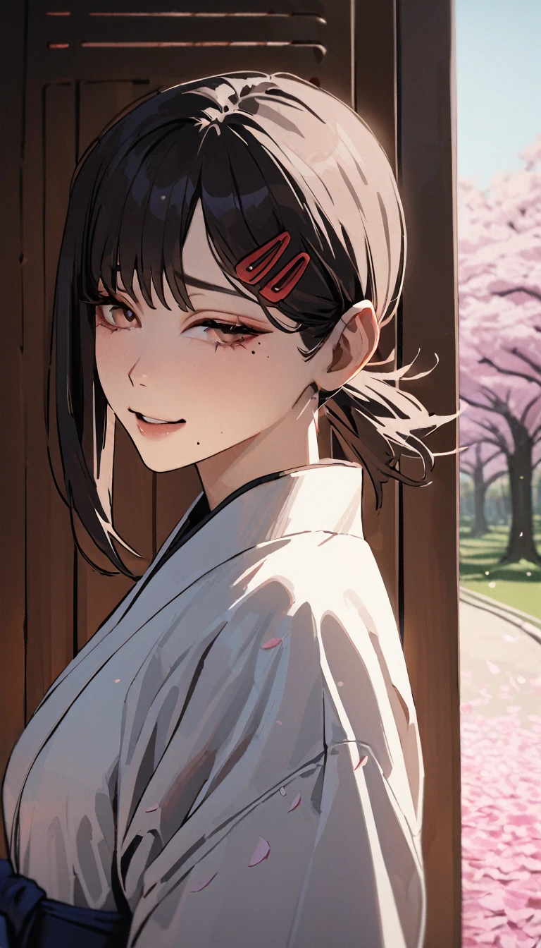 1girl, higashiyama kobeni, wearing kimono, in a cherry blossom park, cherry blossom petals falling down, (masterpiece), cinematic, beautiful light, best quality, newest,safe, absurdres, smiling , close eyes, look at camera, tilt head, turn head back