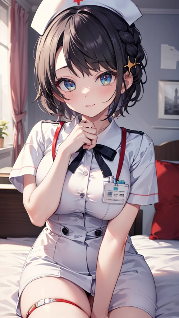 (best quality:1.2), (ultra detailed:1.2),(masterpiece:1.2),(8k:1.2),(Blessed,Captivating body、Ultra detailed hands、Ultra-detailed eyes、Ultra-detailed skin、ultra-detailed face,Detailed Background),One Girl、(bedroom,nurse, nurse cap, breast pocket, collared dress, short dress, short sleeves, thighs, white dress, white headwear), ccsubaru, short hair, french braid, hairclip,(ecstasy, aroused:1.5)