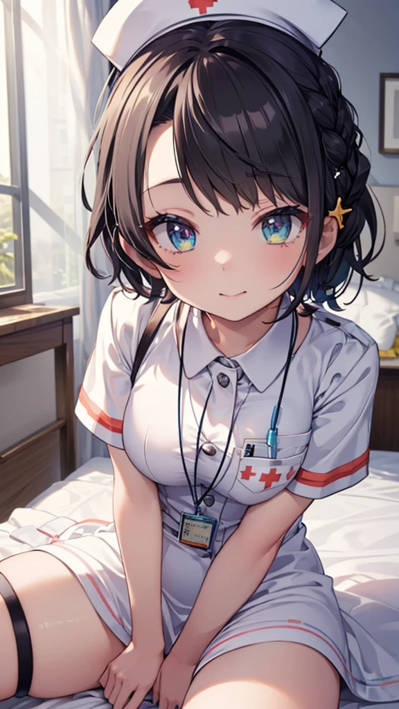 (best quality:1.2), (ultra detailed:1.2),(masterpiece:1.2),(8k:1.2),(Blessed,Captivating body、Ultra detailed hands、Ultra-detailed eyes、Ultra-detailed skin、ultra-detailed face,Detailed Background),One Girl、(bedroom,nurse, nurse cap, breast pocket, collared dress, short dress, short sleeves, thighs, white dress, white headwear), ccsubaru, short hair, french braid, hairclip,(ecstasy, aroused:1.5)