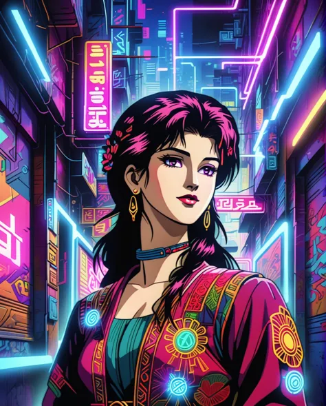 in a futuristic cyberpunk alleyway, a kurdish woman in traditional dress is depicted with vaporwave aesthetics, surrounded by di...