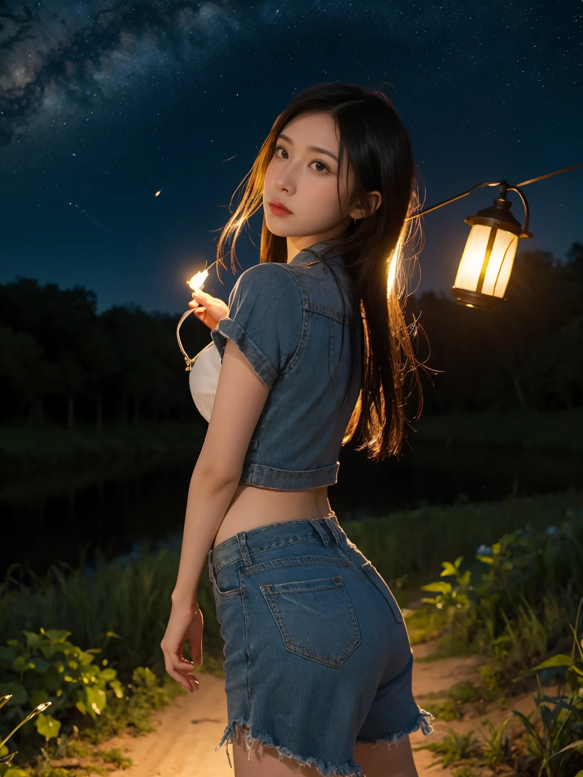 a girl, holding a lantern, walking in the field, it was dark, fireflies around.  She wears country clothes, has a beautiful figure, beautiful breasts, and a beautiful butt.  The night sky is full of stars.