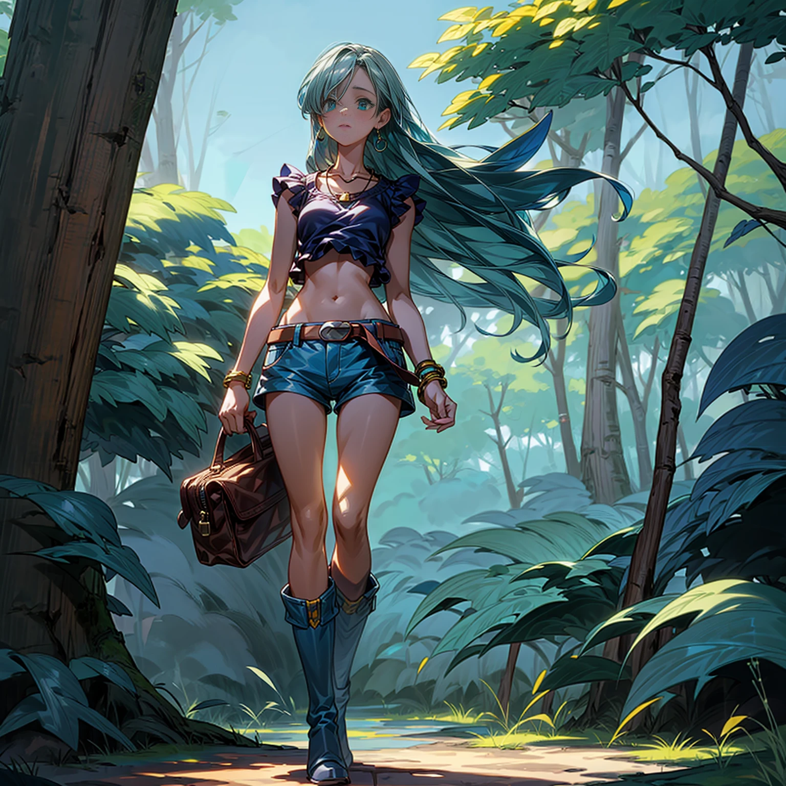 Solo character, full body version, girl, blue long hair, yellow crop top, Short jeans, belt, bracelet, necklace, bag in back, boots, sky blue, forest, standing gesture, hoop earrings, 