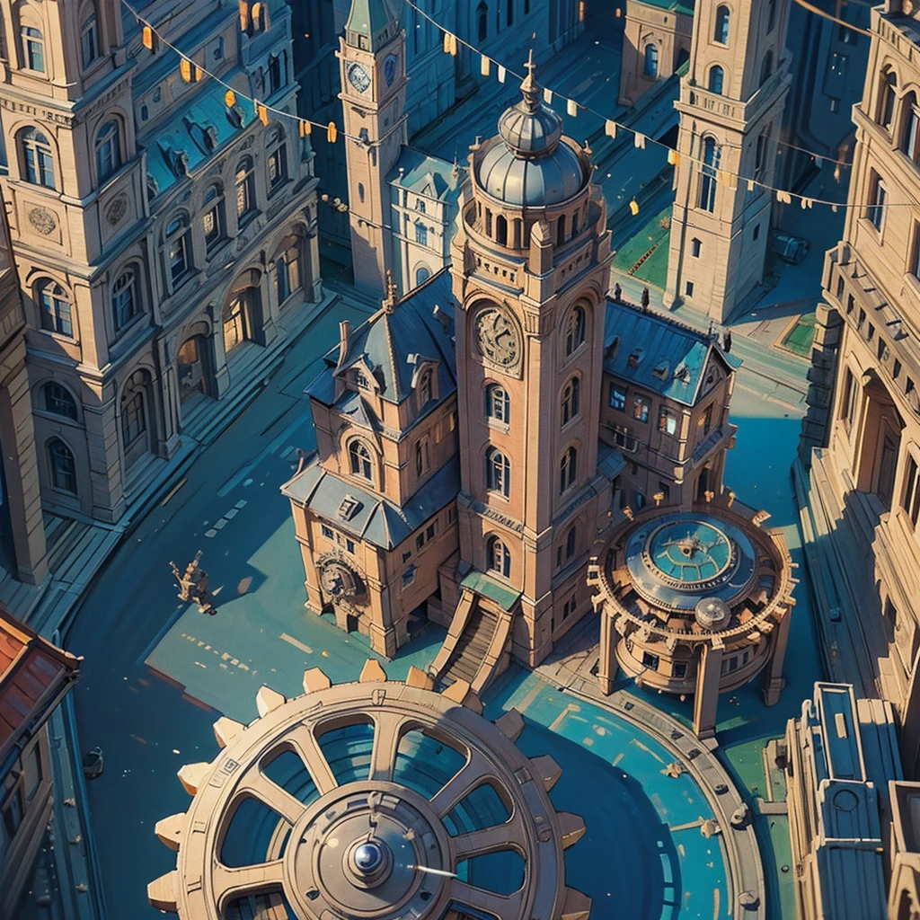 (Masterpiece:1.2), (birdview:1.3), Clock, steampunk, builds of GEARS, houses of gears, (market place:1.4), ultra detailed, 8k.