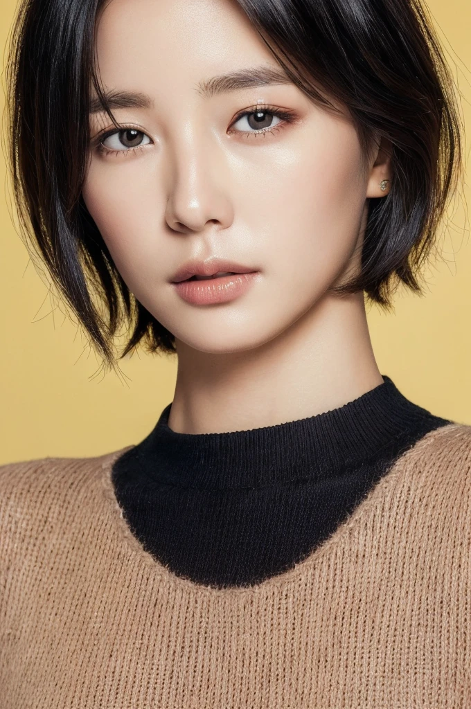 Masterpiece: 1.3), (8k, photorealistic, RAW photo, top quality: 1.4), (1girl), beautiful face, (realistic face), (black hair, short hair: 1.3), beautiful hairstyle, realistic eyes, beautiful detail eyes, (realistic skin), beautiful skin, (sweater), absurd, attractive, ultra high resolution, ultra realistic, high definition, golden ratio