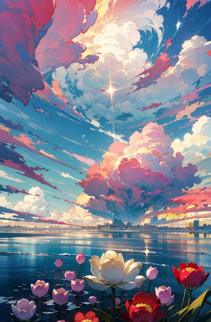 ocean scenery, colorful anime movie background, floating bubbles, escaping air bubbles, anime background art, dreamy psychedelic anime, beautiful anime scene, beautiful anime scenery, anime background, clear sky, shinny day, a lot of tulips