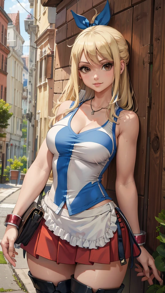 neckleace,(work of art, best qualityer:1.2), standing alone, 1 girl, Lucy Heartfilia, ssmile, gazing at viewer,  red sleeveless, mini-skirt, thigh boots