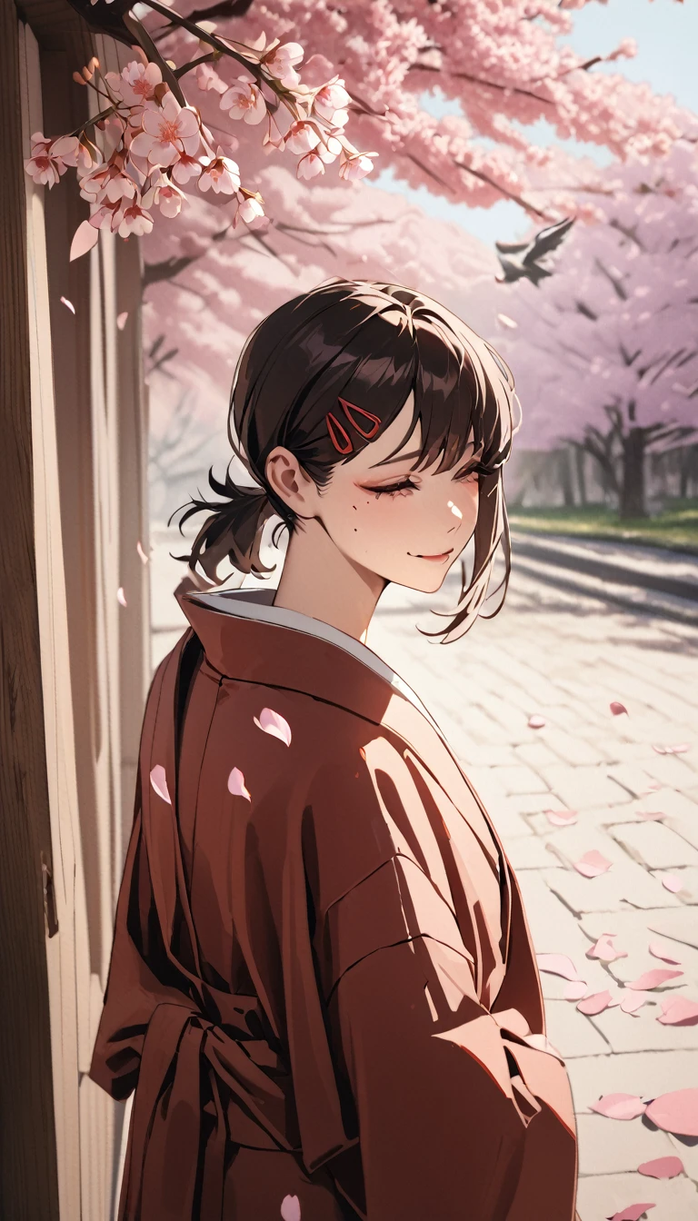 1girl, higashiyama kobeni, wearing kimono, in a cherry blossom park, cherry blossom petals falling down, (masterpiece), cinematic, beautiful light, best quality, newest,safe, absurdres, smiling , close eyes, look at camera, tilt head, turn head back