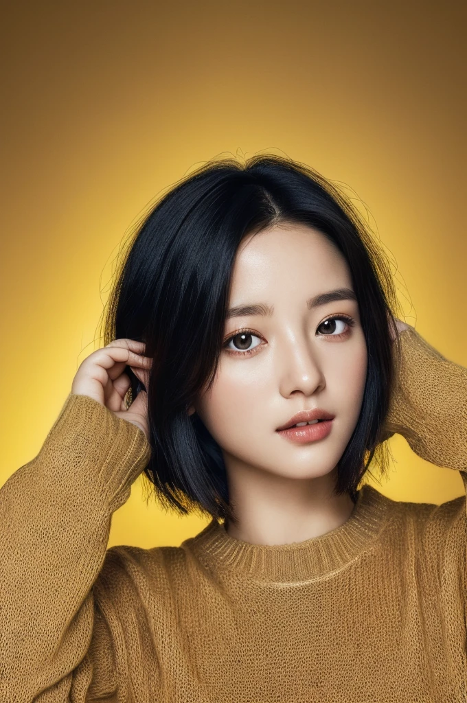 Masterpiece: 1.3), (8k, photorealistic, RAW photo, top quality: 1.4), (1girl), beautiful face, (realistic face), (black hair, short hair: 1.3), beautiful hairstyle, realistic eyes, beautiful detail eyes, (realistic skin), beautiful skin, (sweater), absurd, attractive, ultra high resolution, ultra realistic, high definition, golden ratio