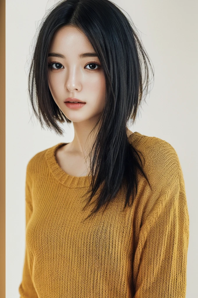 Masterpiece: 1.3), (8k, photorealistic, RAW photo, top quality: 1.4), (1girl), beautiful face, (realistic face), (black hair, short hair: 1.3), beautiful hairstyle, realistic eyes, beautiful detail eyes, (realistic skin), beautiful skin, (sweater), absurd, attractive, ultra high resolution, ultra realistic, high definition, golden ratio