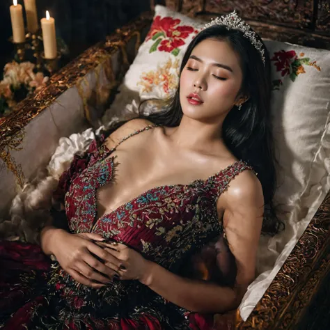 In a striking 8K HDR scene, a stunning Korean woman, 22 years old, lies peacefully in a black coffin surrounded by plush pillows...