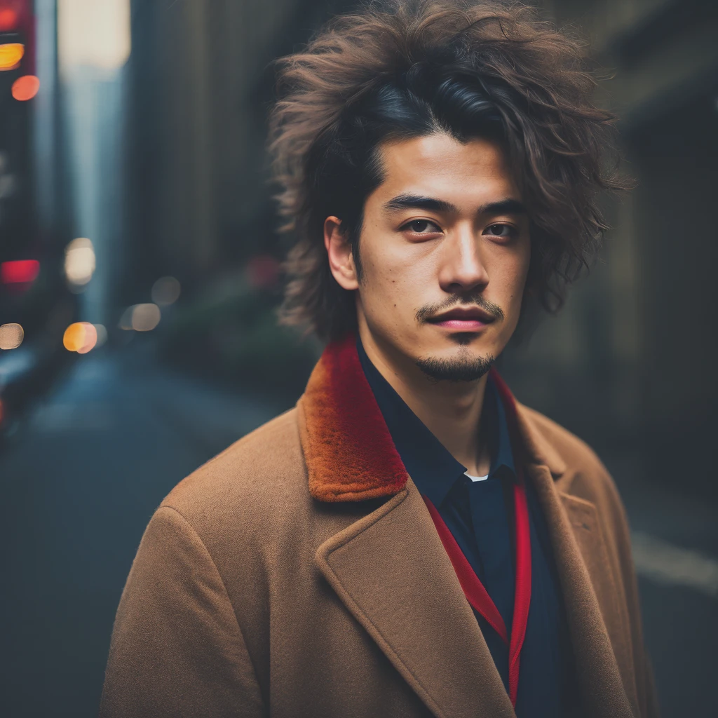 RAW portrait of a man wearing a long coat, puffy hair , in tokyo , high resolution, 4k, 50mm, photo by Brooke Shaden, portrait , natural lighting