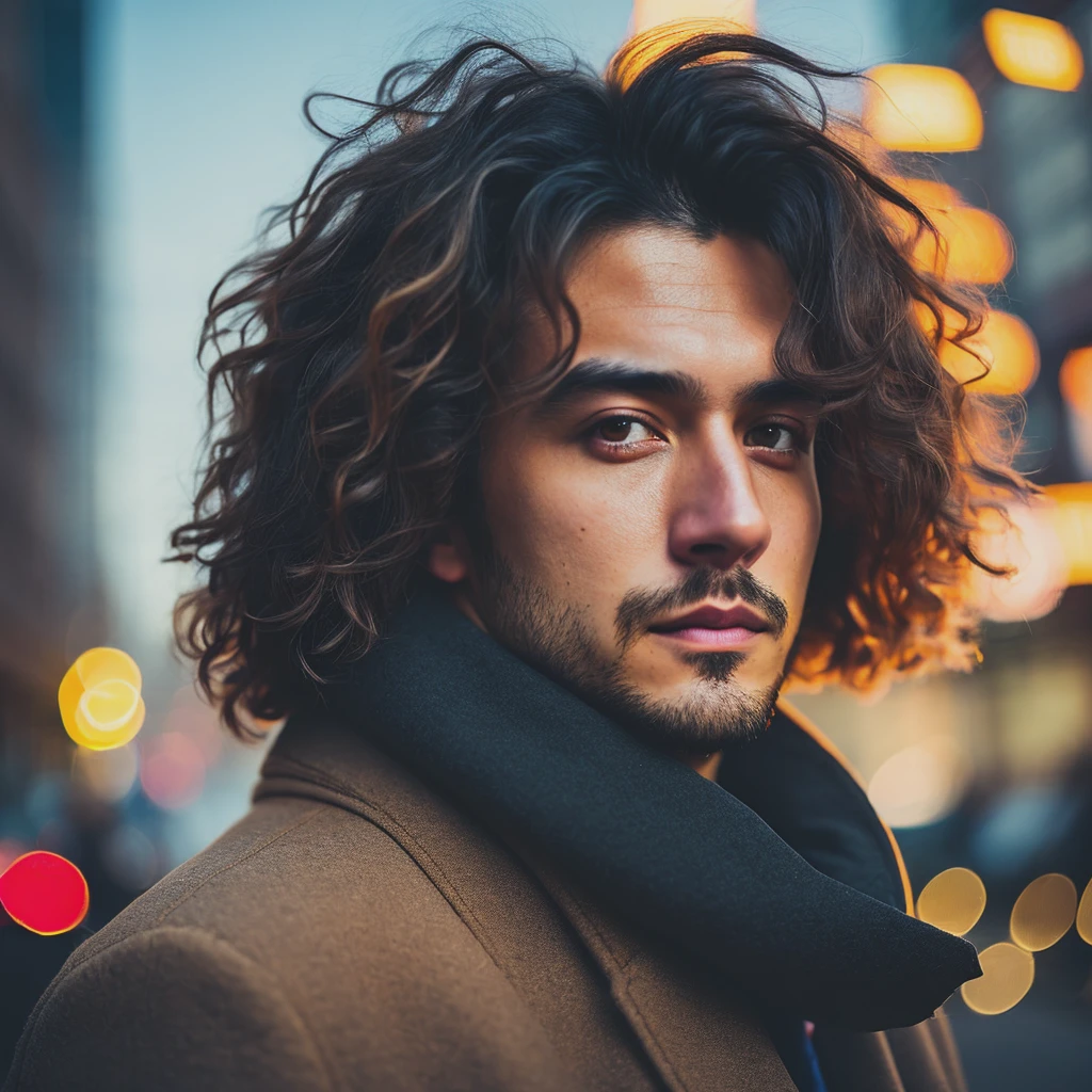 RAW portrait of a man wearing a long coat, puffy hair , in tokyo , high resolution, 4k, 50mm, photo by Brooke Shaden, portrait , natural lighting