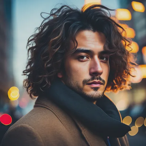 raw portrait of a man wearing a long coat, puffy hair , in tokyo , high resolution, 4k, 50mm, photo by brooke shaden, portrait ,...