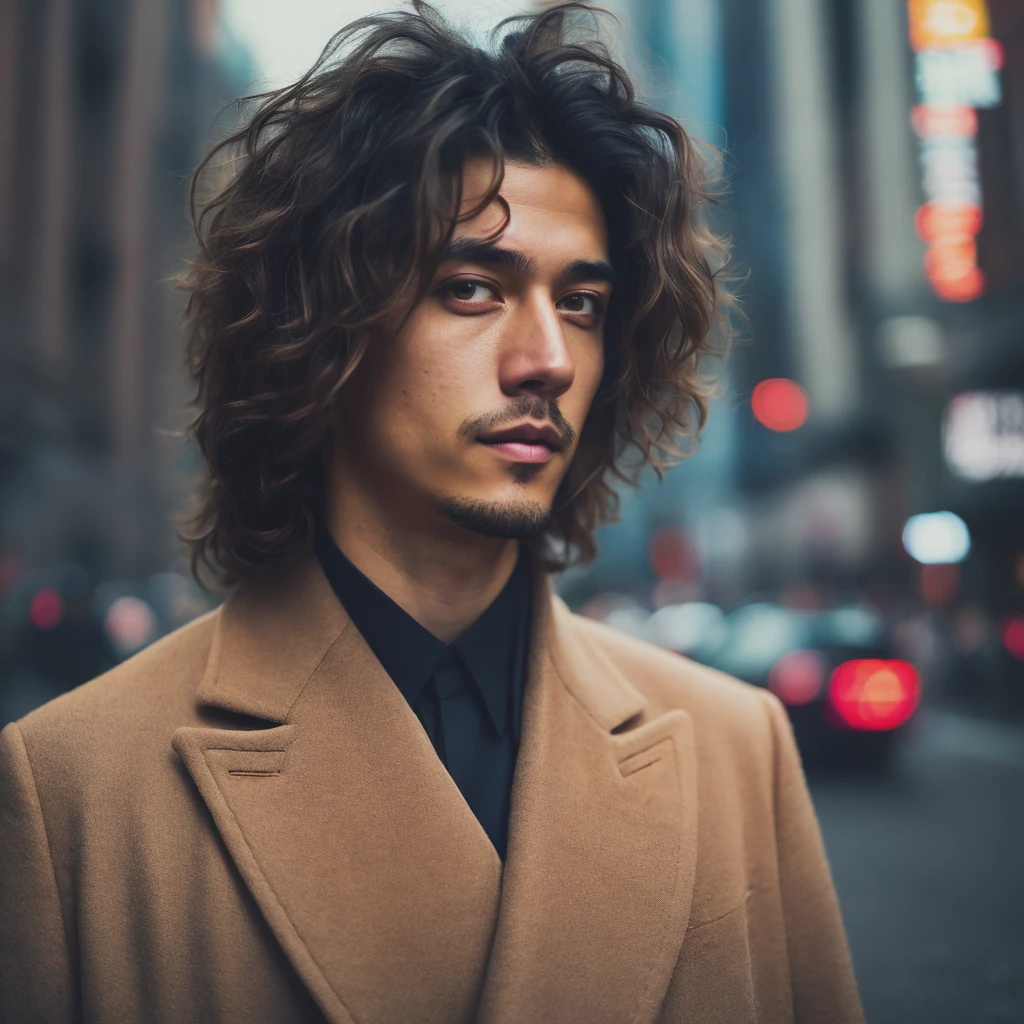 RAW portrait of a man wearing a long coat, puffy hair , in tokyo , high resolution, 4k, 50mm, photo by Brooke Shaden, portrait , natural lighting