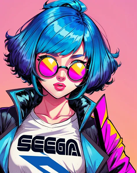 by bruno ferreira, a woman with blue hair and yellow glasses on her face and a pink background neon blue hair wearing a black ja...