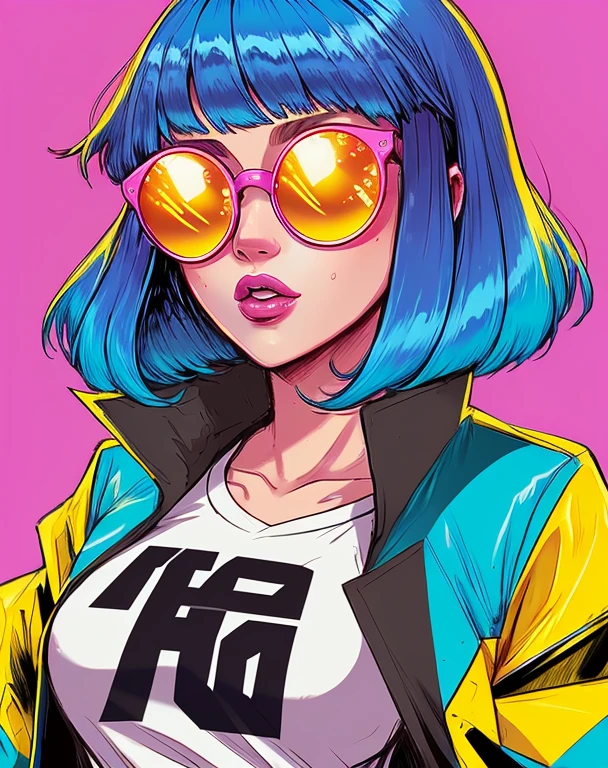 by Bruno Ferreira, a woman with blue hair and yellow glasses on her face and a pink background neon blue hair wearing a black jacket, white t - shirt with the word SEGA 