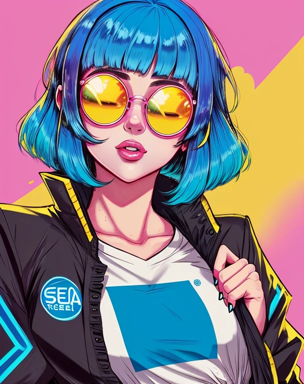 by Bruno Ferreira, a woman with blue hair and yellow glasses on her face and a pink background neon blue hair wearing a black jacket, white t - shirt with the word SEGA 