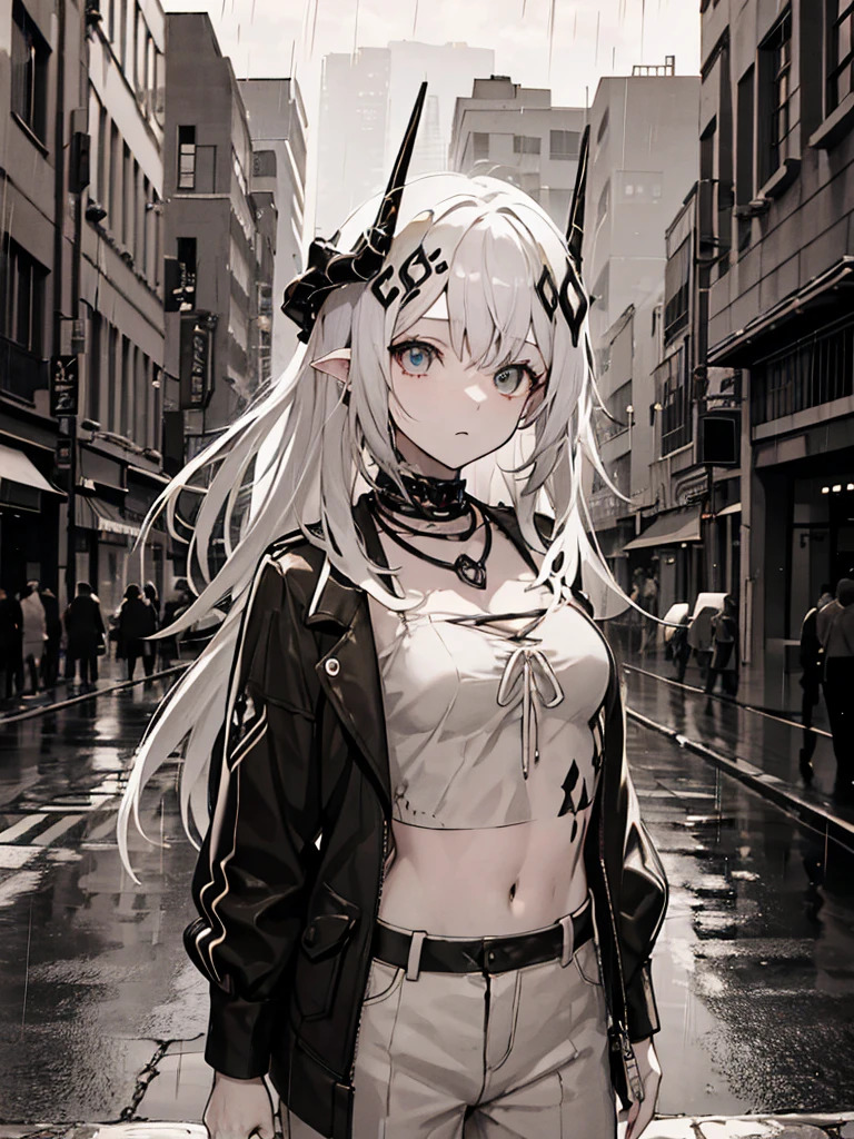 A masterpiece, best quality, Bird&#39;s-eye view，Illustration style，bust，
mdrk，horns， Anime Girl, beautiful eyes, summer, Wide leg pants, Shirt jacket，Fashion，small, Heartwarming, Youthful and beautiful,, Black and white,, showing a natural casual style., Large aperture portrait, White space, Strong contrast between light and shadow, Super texture, Super clear and concise pictures, presenting extremely beautiful, Elegant temperament, subtle facial expressions, City background, rain, Road area water reflection，one person