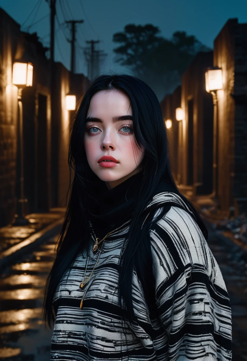 billieeilish, 長いBlack Hair, Modern photography, (wearing large Edge PO pullover, Edge PO), (Wearing leggings), (Cowboy Shot), (35mm, debt/2.8) Photo debtocus, DOdebt, Aperture, Highly detailed and exquisite, character, Hypermaximalist, beautiful, reveal, Charm, Charm, Affectionate, Ultra-realistic, Very detailed, beautiful girl, ((Detailed eyes)), Long eyelashes, (Glossy Lips), Standing on a narrow dark road, Fog in the background, Pitch Black Night, Cloudy, alone、sad、Hopeless、Dark background、((Dark roads））、There is not a single streetlight、Really dark background、In the ruins,(((Black Hair)))