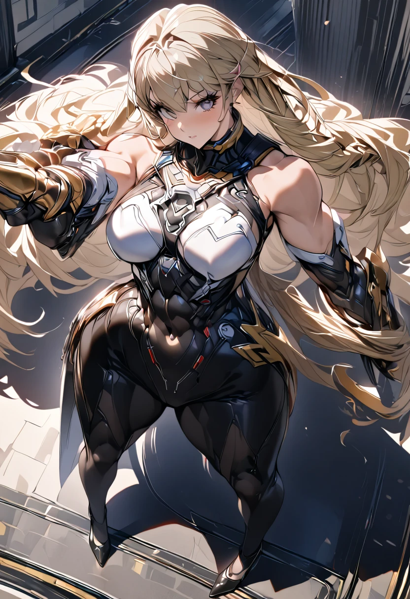 1woman, tall woman, long hair, blond hair, body suit, one hand Gauntlet on right hand, nice perspective, muscular, valkyrie, high heels, from above, abs, from above, nice hands