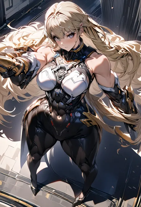 1woman, tall woman, long hair, blond hair, body suit, one hand gauntlet on right hand, nice perspective, muscular, valkyrie, hig...