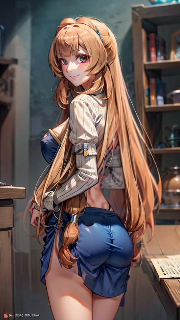 High resolution, ultra-sharp, 8k, masterpiece, Raphtalia, looking at the viewer, Photography from behind, thick ass, wearing blue thong, seductive smile, beautiful face, ashamed