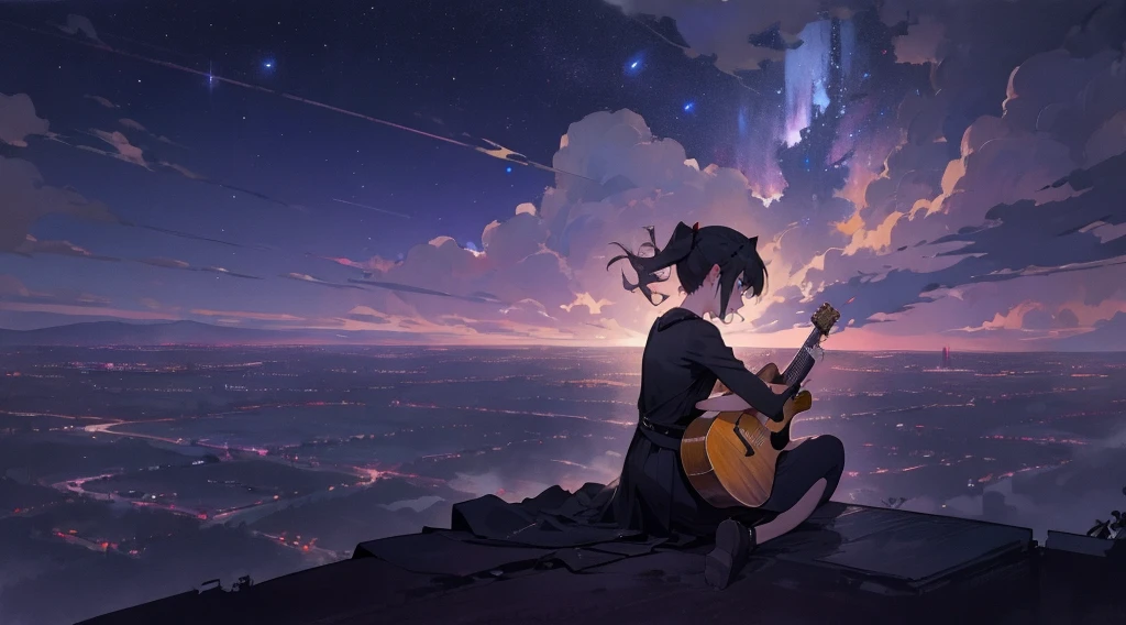 masterpiece,night,(dark alley),star、Night Sky、Overlooking the city、milky way、Back view、octone、
(1 girl), (solo), Knee hugging sitting，acousticguitar