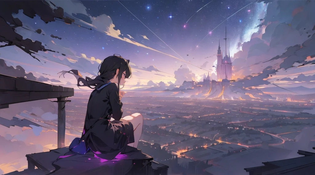 masterpiece,night,(dark alley),star、Night Sky、Overlooking the city、milky way、Back view、octone、
(1 girl), (solo), Knee hugging sitting，acousticguitar