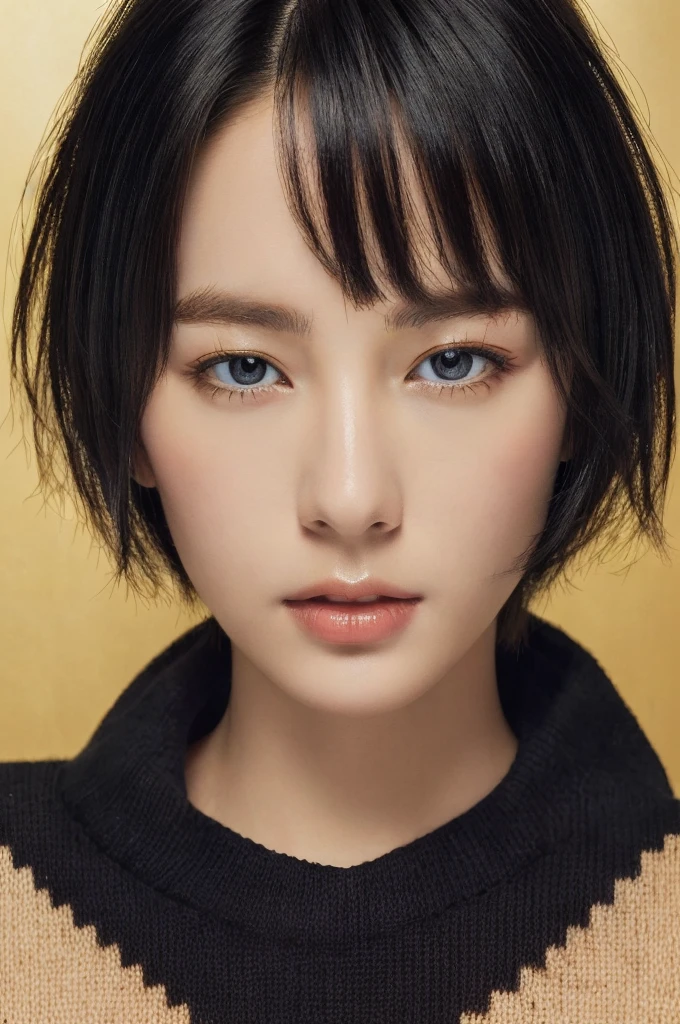 Masterpiece: 1.3), (8k, photorealistic, RAW photo, top quality: 1.4), (1girl), beautiful face, (realistic face), (black hair, short hair: 1.3), beautiful hairstyle, realistic eyes, beautiful detail eyes, (realistic skin), beautiful skin, (sweater), absurd, attractive, ultra high resolution, ultra realistic, high definition, golden ratio