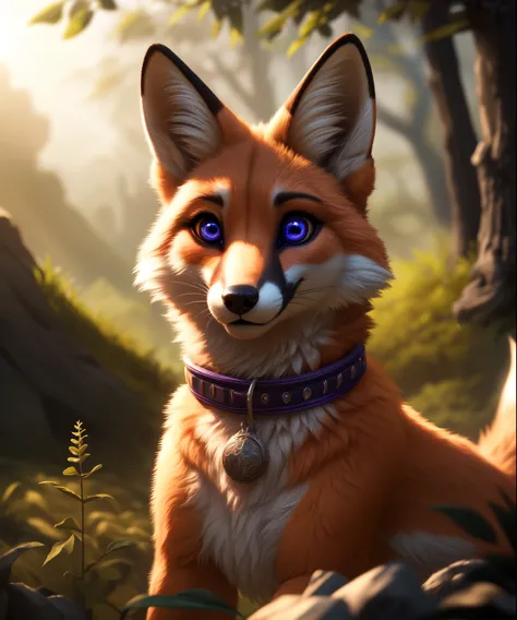 a cute female feral fox, beautiful, elegant, purple collar, glowing, masterpiece, best quality, ultra high res, visually stunnin...