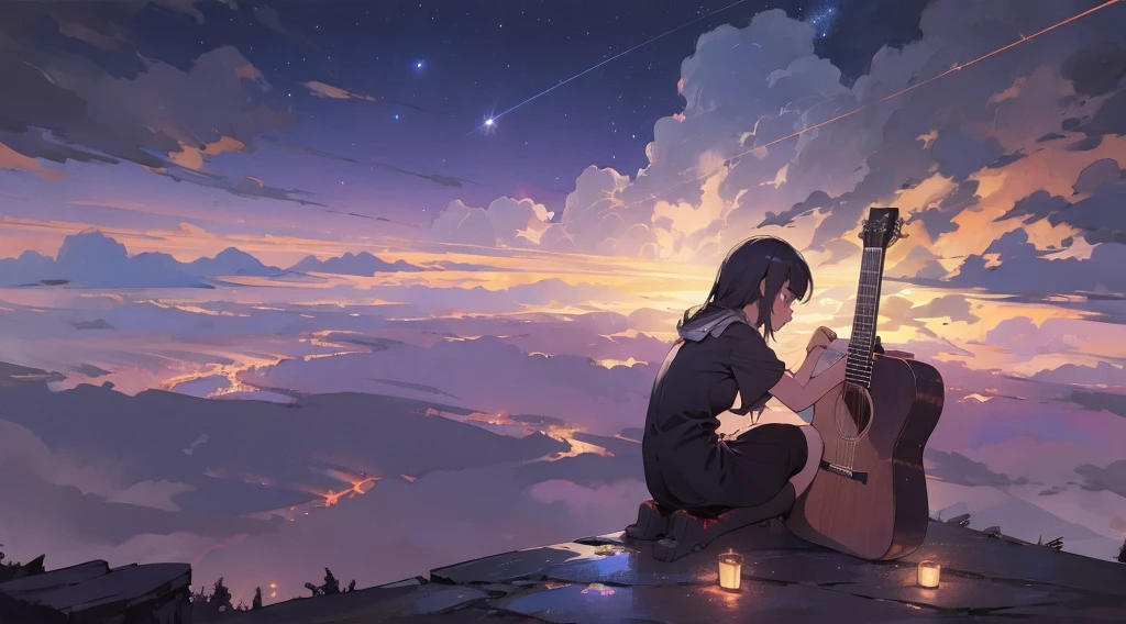 masterpiece,night,(dark alley),star、Night Sky、Overlooking the city、milky way、Back view、octone、
(1 girl), (solo), Knee hugging sitting，acousticguitar